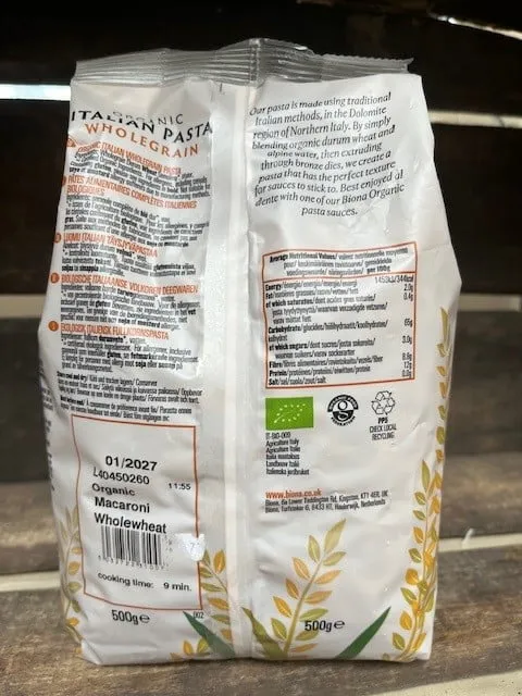biona organic italian pasta macaroni wholegrain durum wheat vegan (500g)