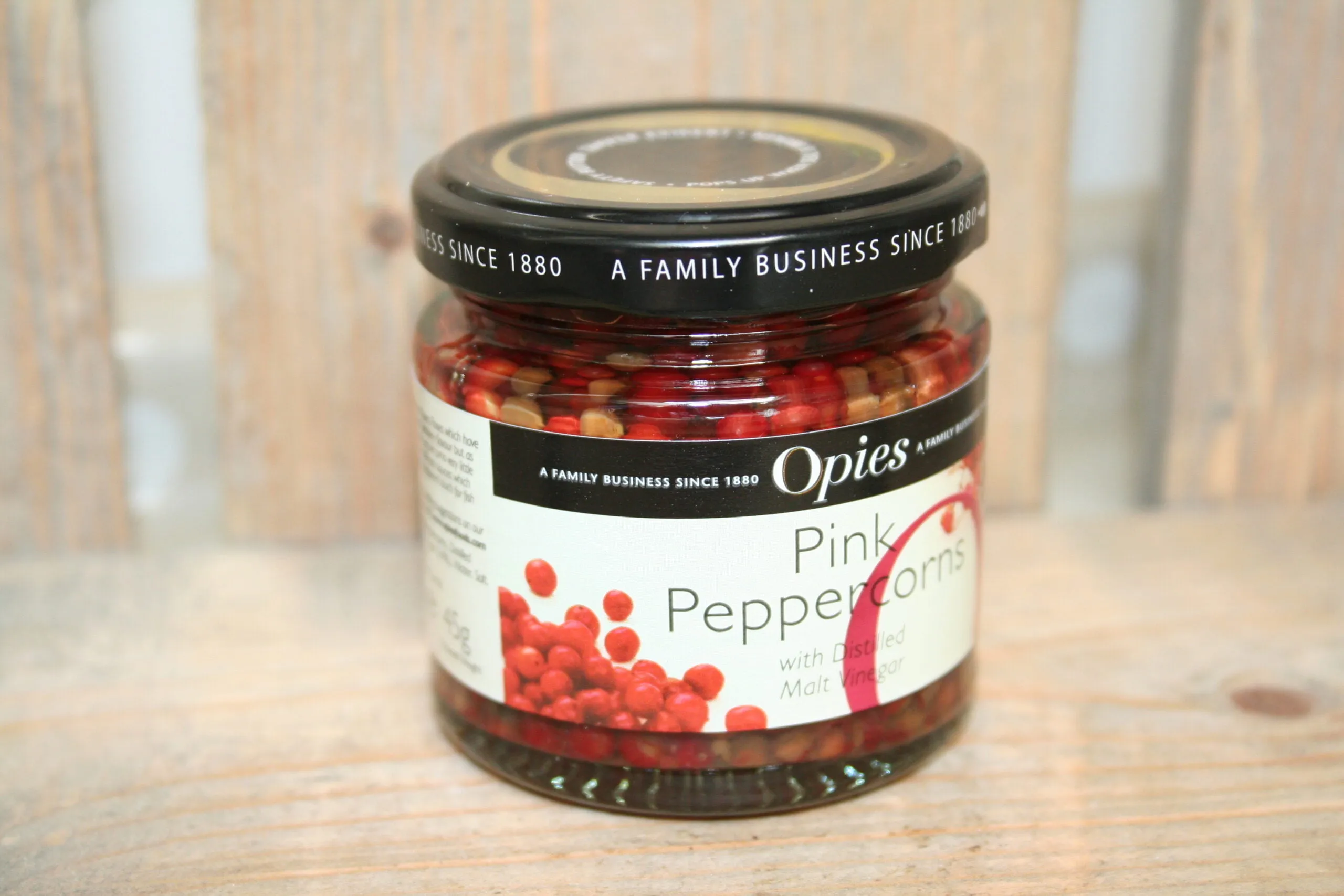 Opies pink peppercorns with distiled malt vinegar