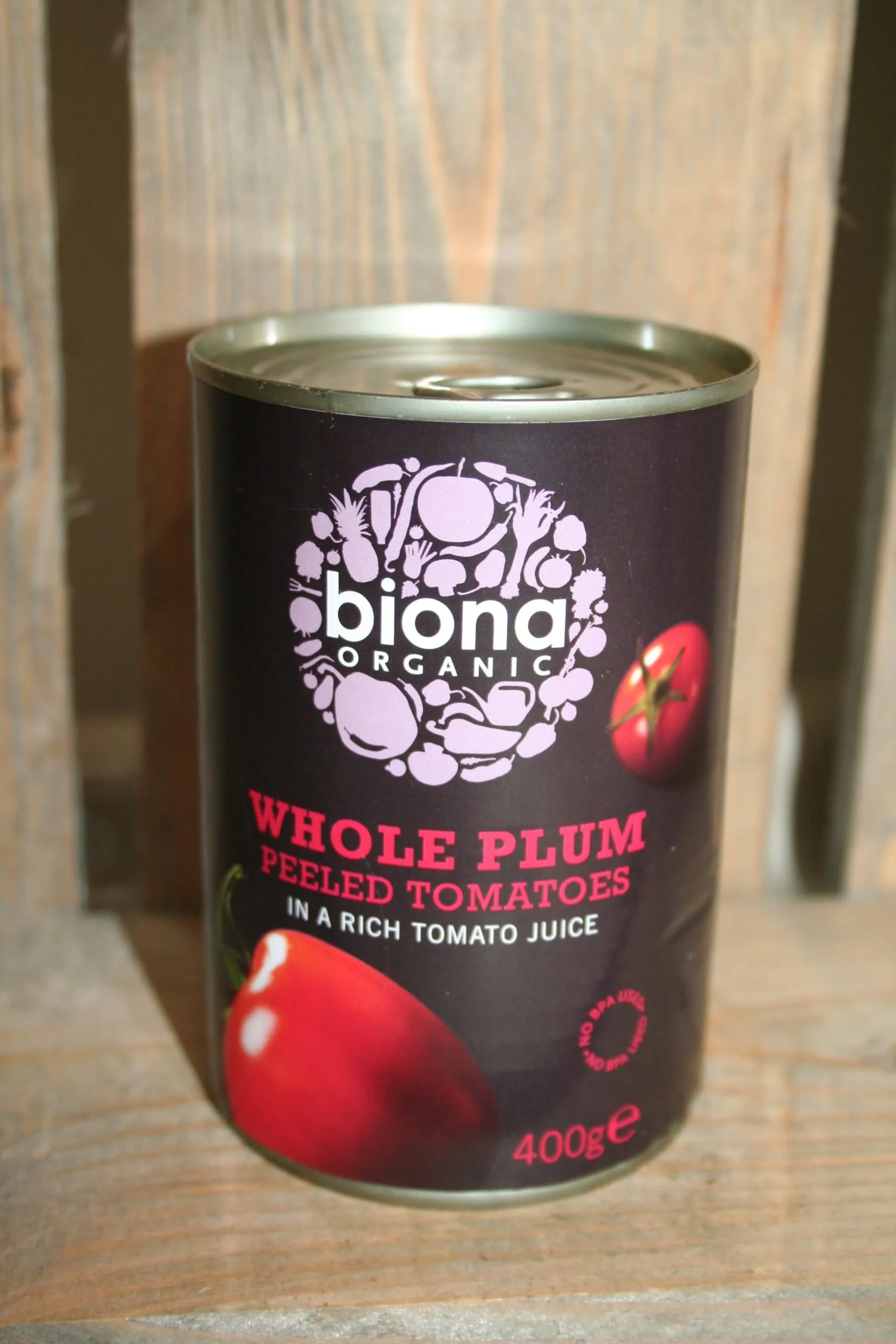 Biona organic whole plum peeled tomatoes in tomato sauce