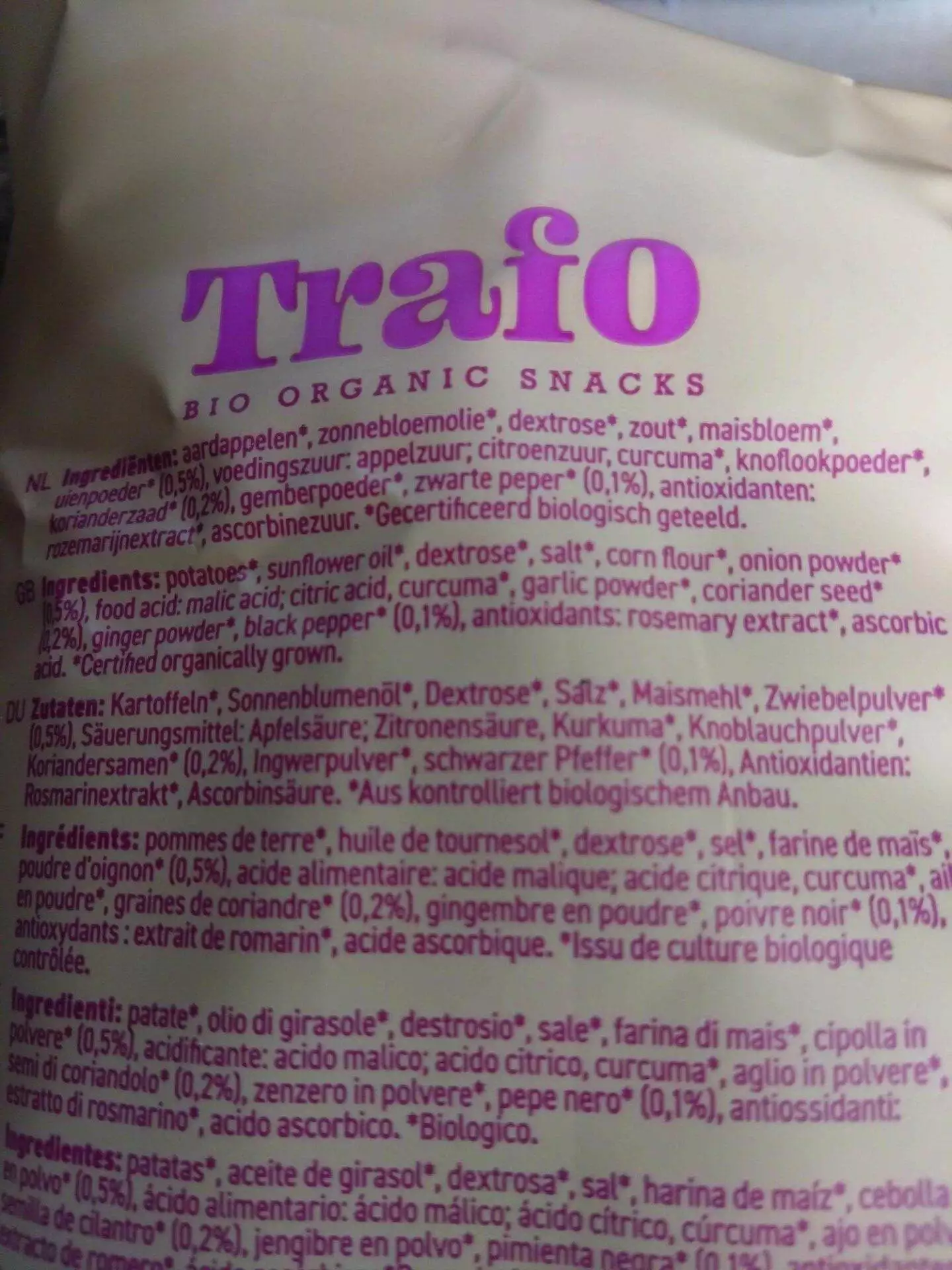 trafo organic potato chips salt & vinegar (125g)