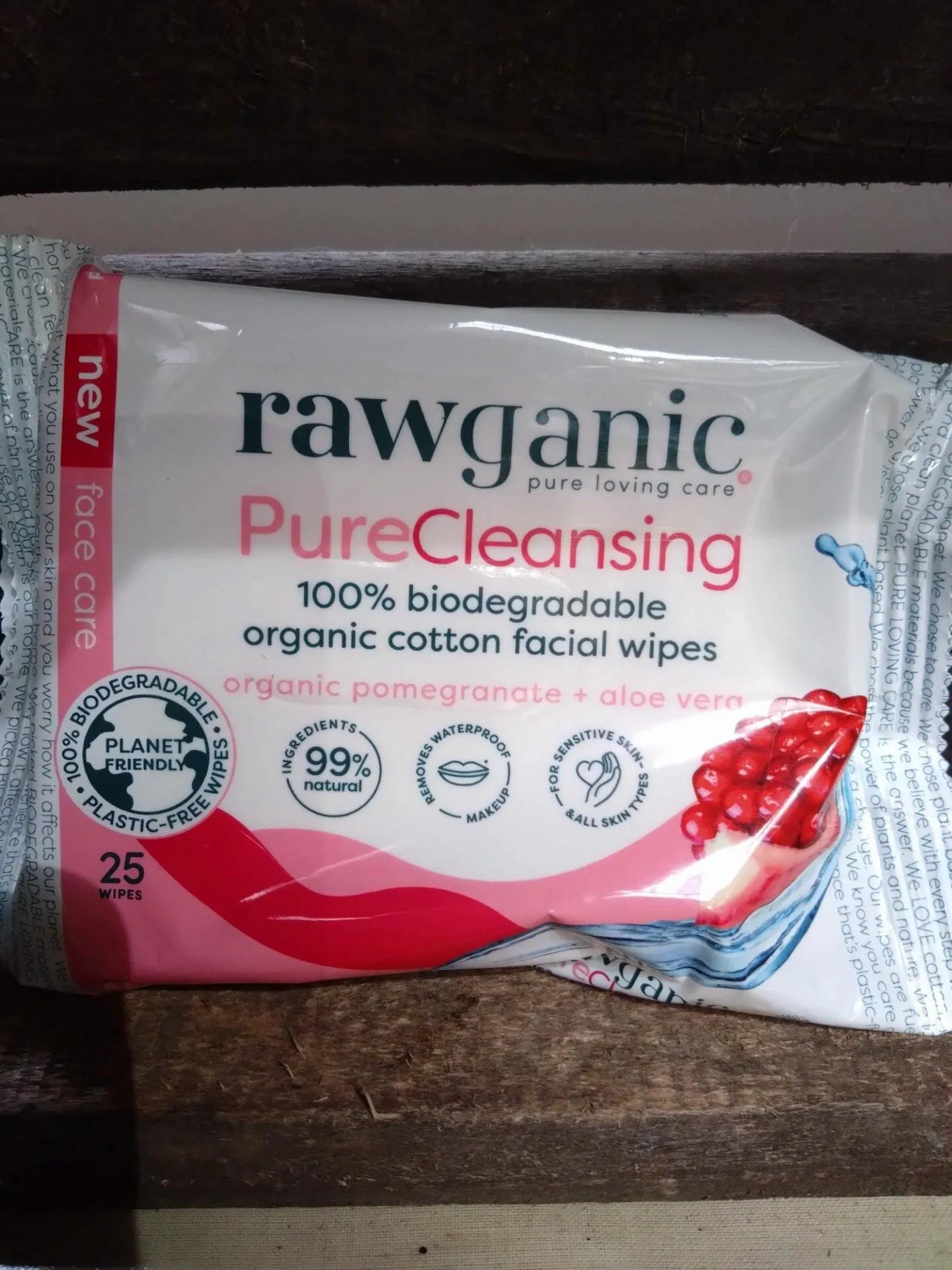rawganic organic cotton pure cleansing facial wipes 100% biodegradable organic pomegranate + aloe vera (25 sheets)
