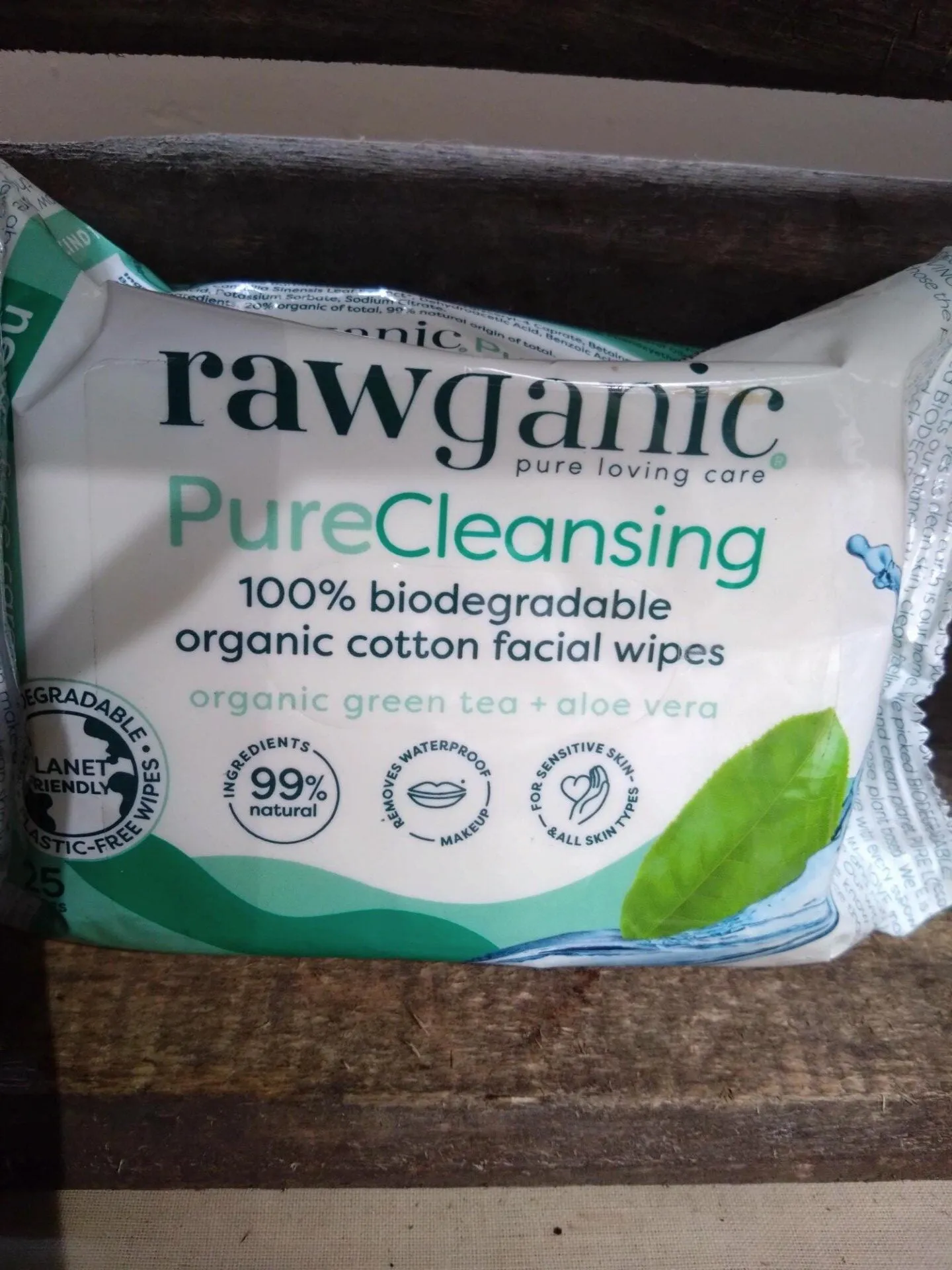 rawganic organic cotton pure cleansing facial wipes 100% biodegradable organic green tea + aloe vera (25 sheets)