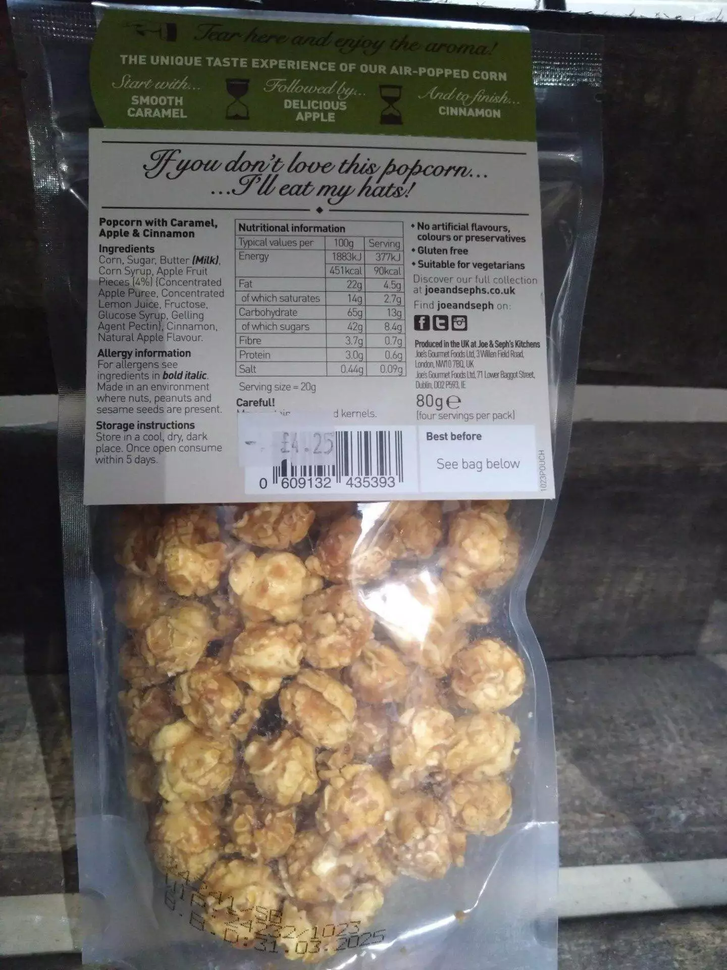 joe & seph's toffee apple and cinnamon popcorn pouch (80g)