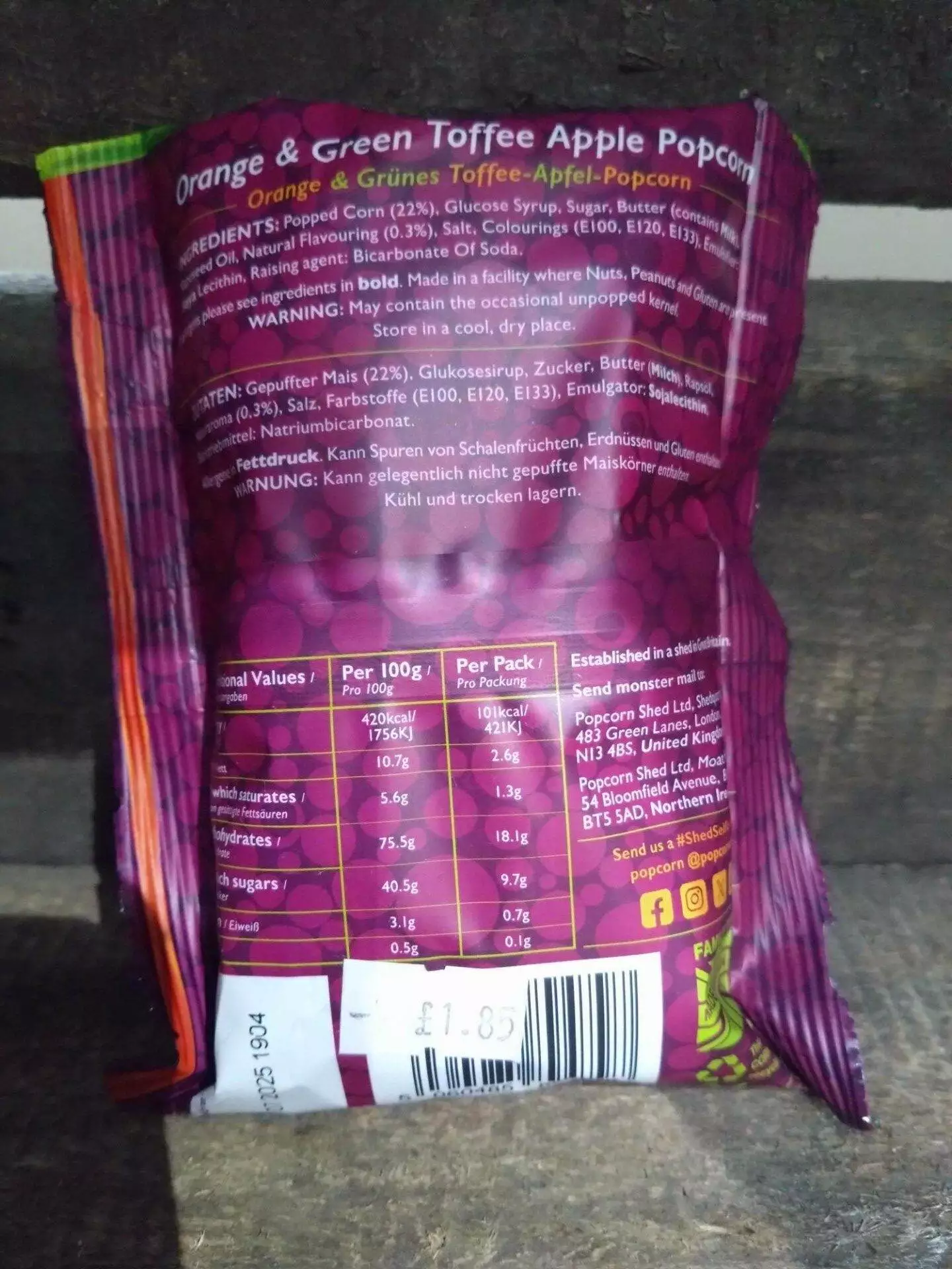 joe & seph's toffee apple and cinnamon popcorn pouch (80g)