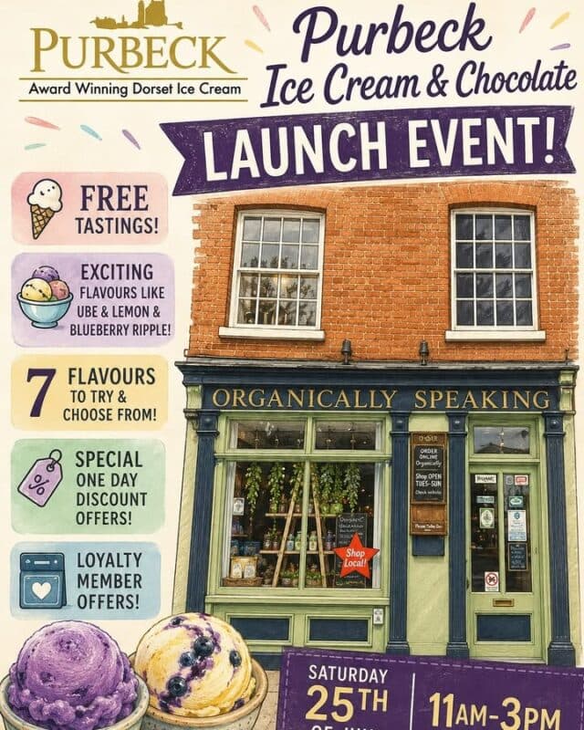 PURBECK ARRIVES IN HARTLEY WINTNEY THIS SATURDAY!   Purbeck award winning Dorset ice cream is launching in Organically Speaking this Saturday, but did you know they also produce amazing chocolate?
Come and taste both this Saturday and SPOILER ALERT be amongst the first to try the totally delicious UBE ice cream - New and exclusive Ube Ice Cream crafted from Filipino purple yams, this vibrant scoop is a must-try. It’s rich, velvety, and naturally sweet, blending the familiar warmth of vanilla and white chocolate with a gentle, nutty earthiness and a trace of coconut and like the rest of the Purbeck range it is entirely free of artificial colors, gluten, nuts, and eggs.

Plenty of offers at the event AND if you are a Loyalty Club member look out for a direct message with an extra treat!  We look forward to seeing you! 

#organicallyspeaking @visithartleywintney @purbeckicecream #launchevent #purbeckicecream