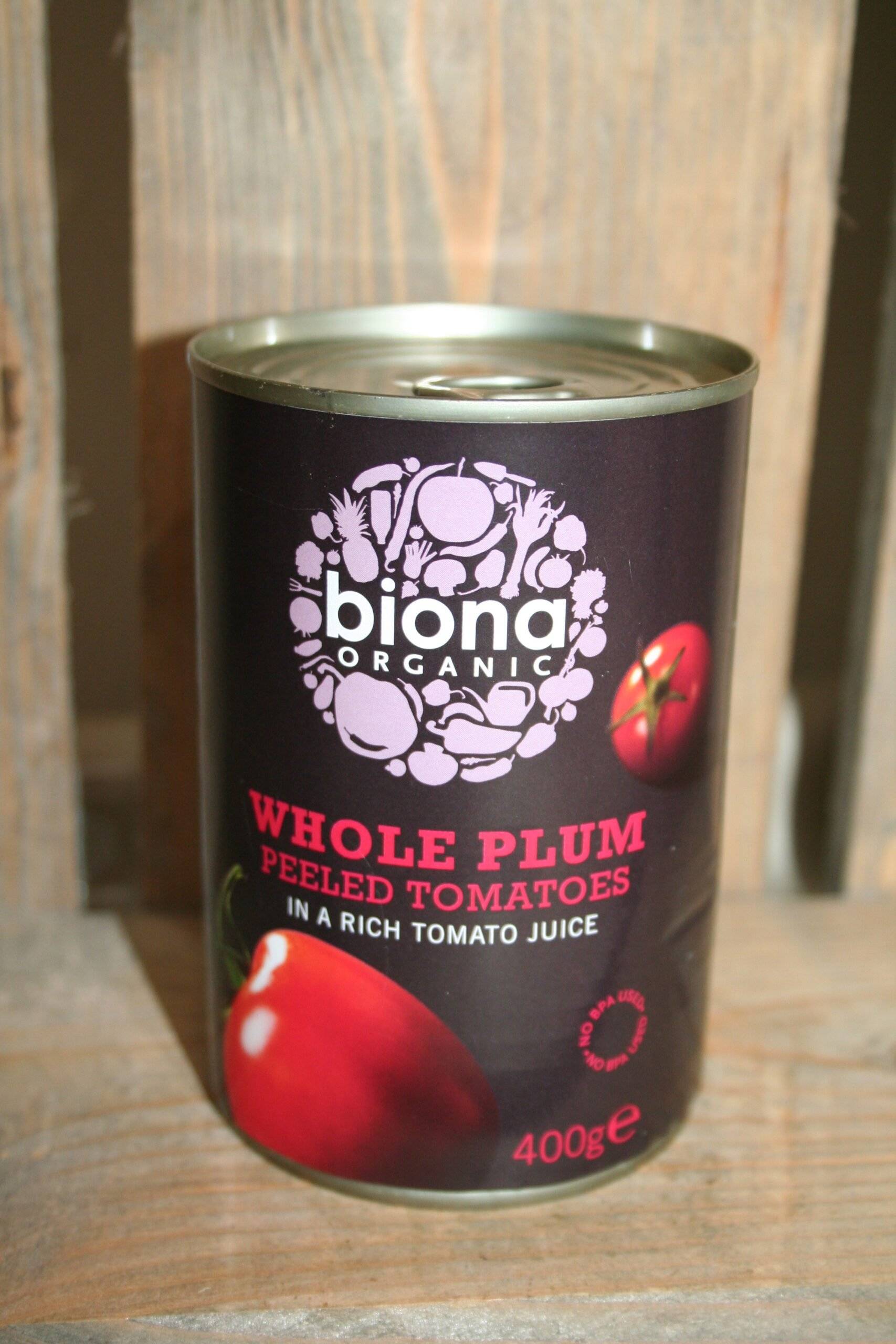 Biona organic whole plum peeled tomatoes in tomato sauce