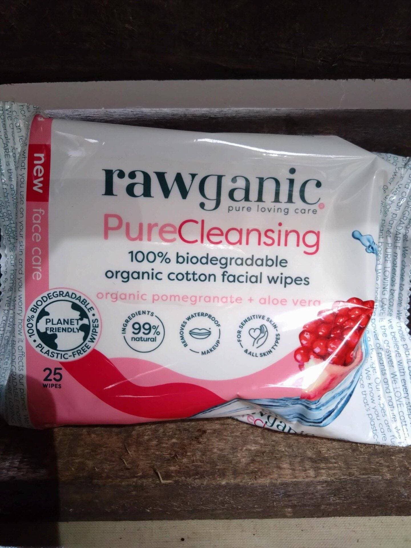 rawganic organic cotton pure cleansing facial wipes 100% biodegradable organic pomegranate + aloe vera (25 sheets)